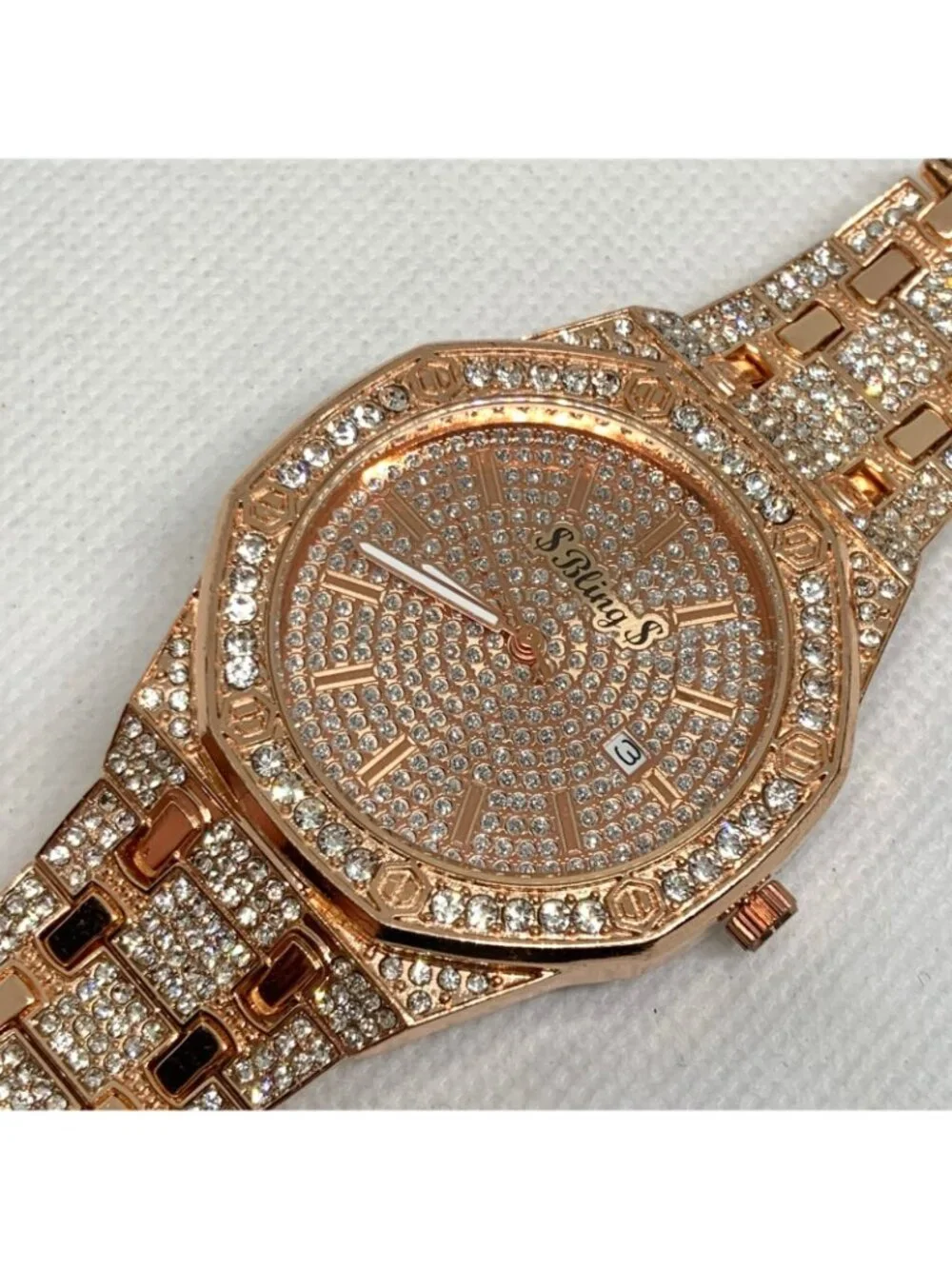 Bling iced men watch rose gold tone 41mm date indicator quartz up to 8” running